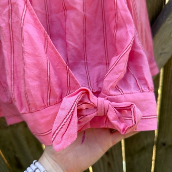 Madewell Contemporary Cecilia Striped Pink Bubble Sleeve Wrap Top Blouse - Picture 6 of 12